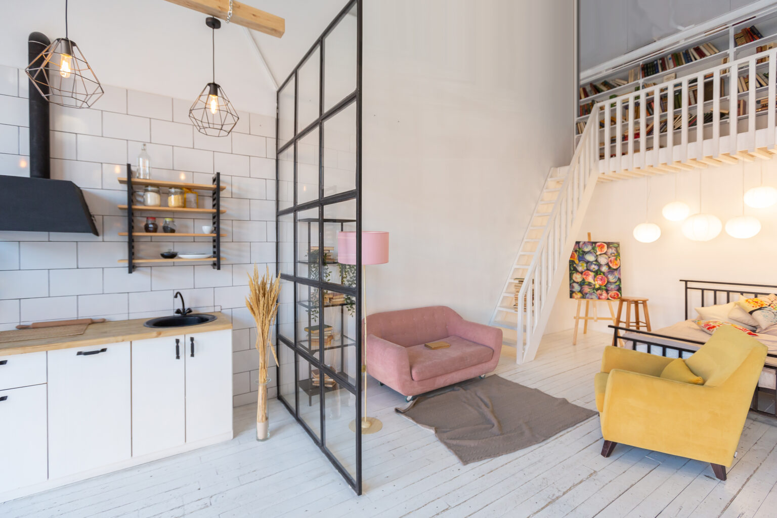 luxury modern design of a cozy small Scandinavian-style studio apartment