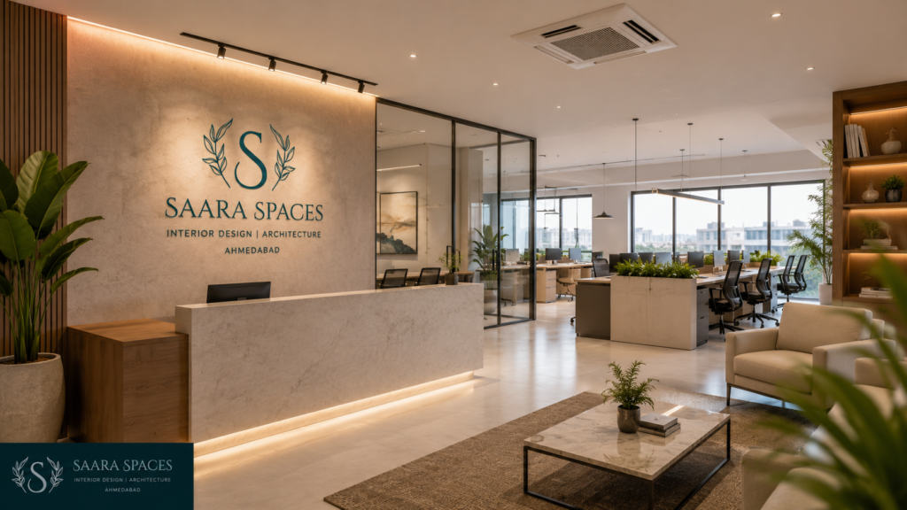 Contemporary corporate office interior designed by Saara Spaces in Ahmedabad