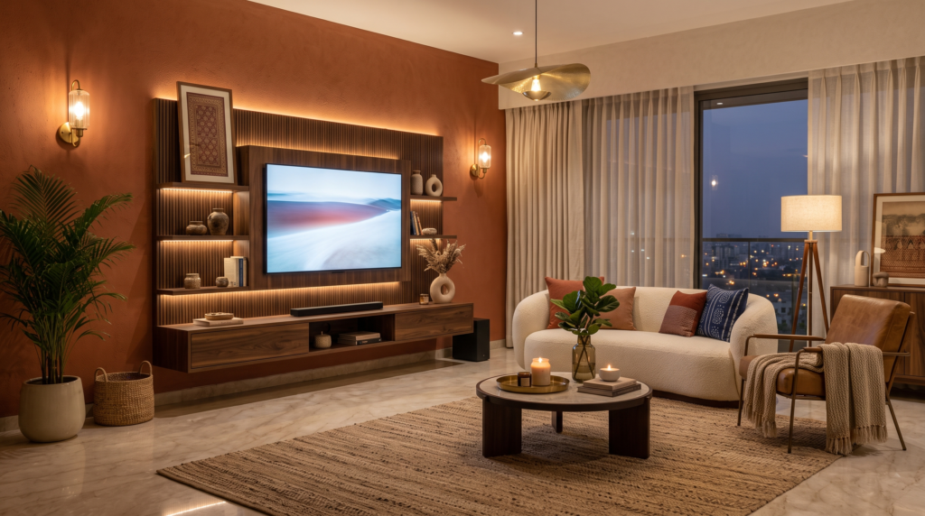 completed living room design project by Saara Spaces Ahmedabad
