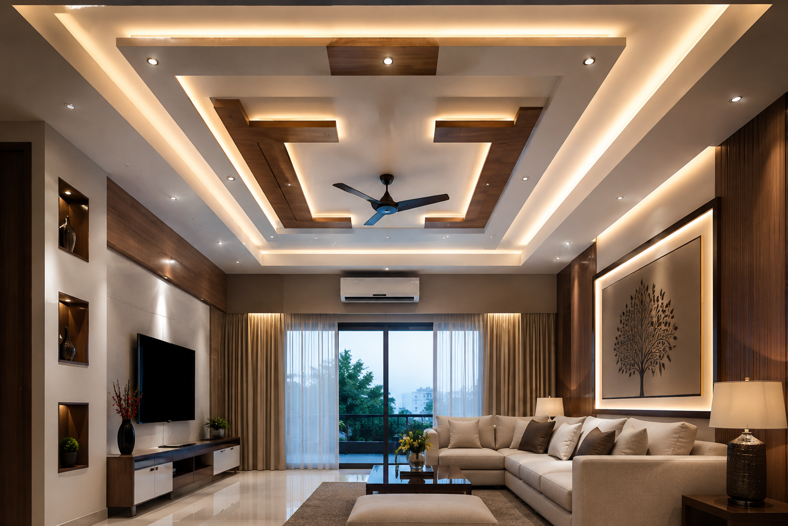 Modern false ceiling design for a 2 BHK interior