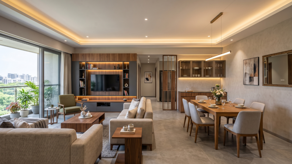 Modern 4 BHK living and dining interior with custom TV unit, dining furniture and layered lighting