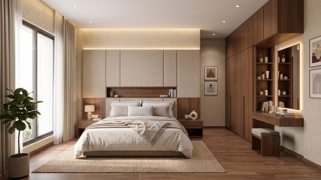 Contemporary 4 BHK master bedroom with custom wardrobe, upholstered headboard and warm ambient lighting