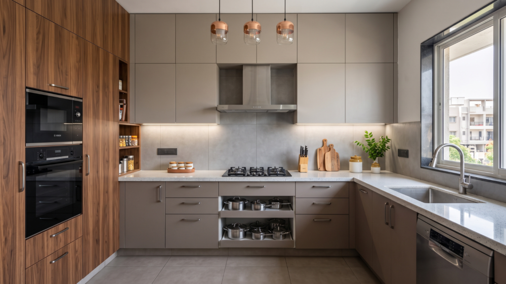 Modern modular kitchen in a 4 BHK Ahmedabad home with tall storage, premium hardware and clean cabinetry