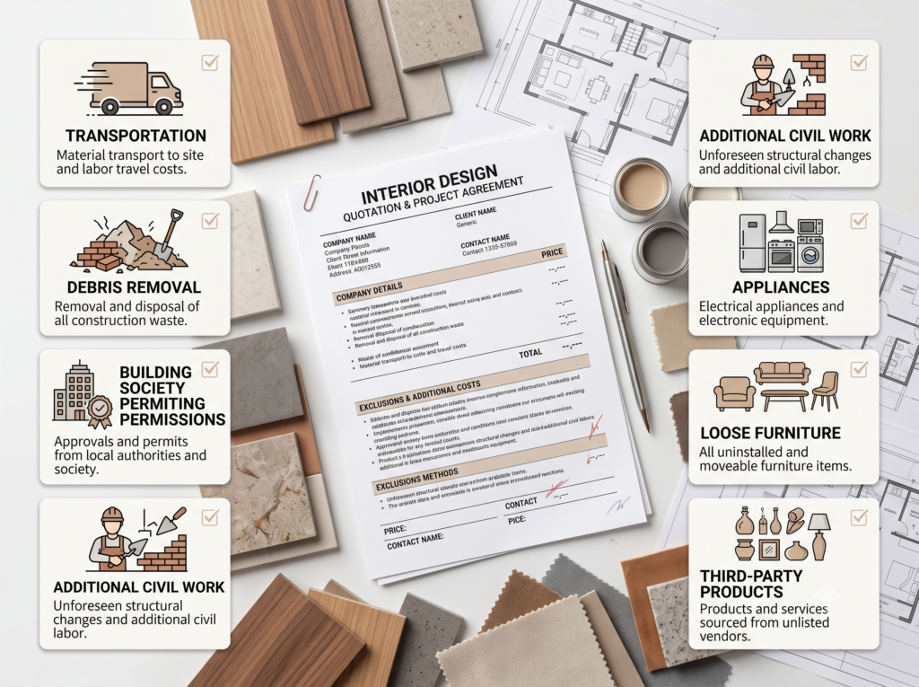 Interior quotation checklist showing exclusions for transport debris and additional work