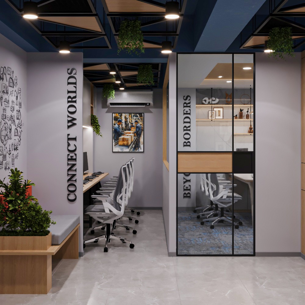 Glass partition and executive cabin in Shivam Logistics office