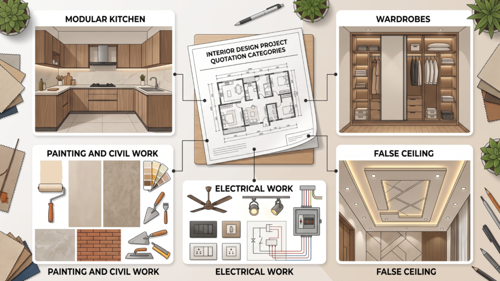 Interior quotation scope showing kitchen wardrobes false ceiling and electrical work