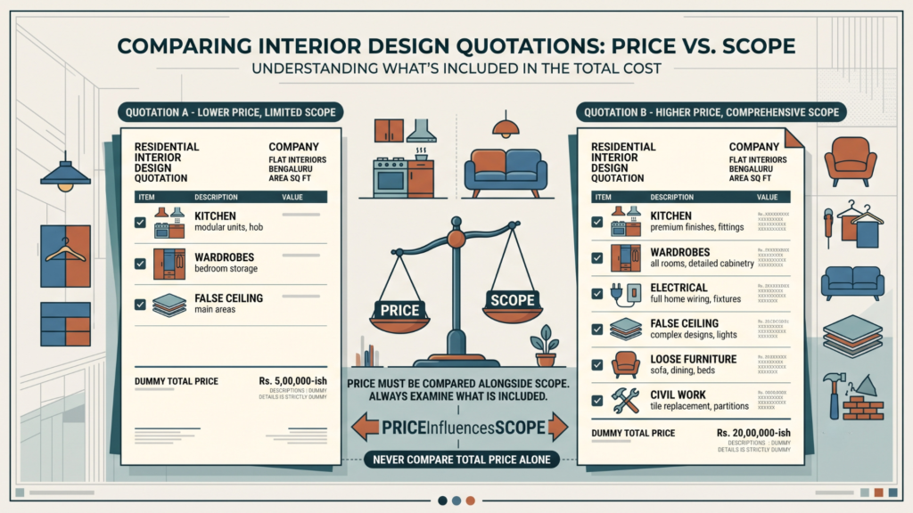 Interior quotation price comparison showing different project scopes
