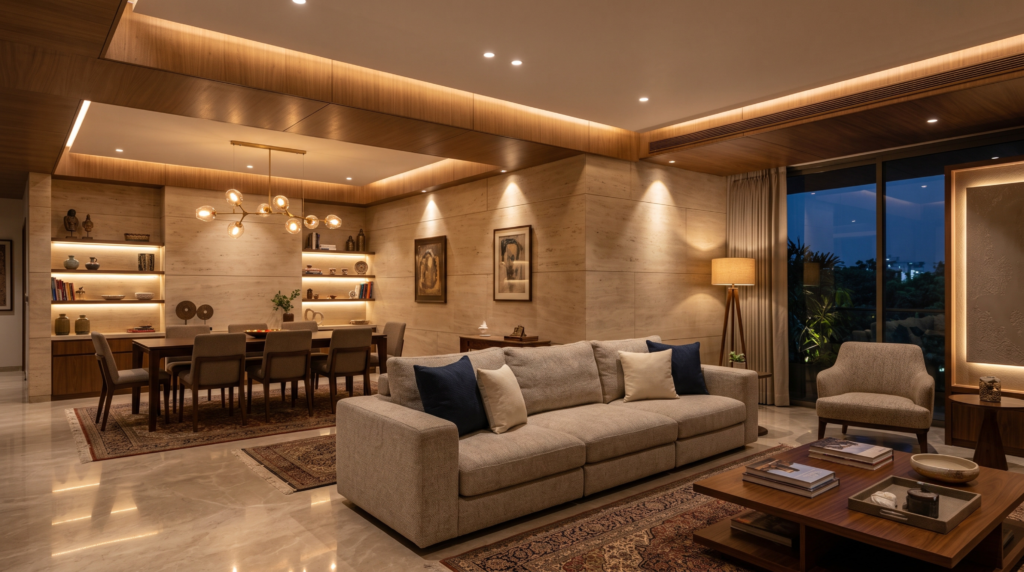 Layered ambient and accent lighting in luxury Ahmedabad interior
