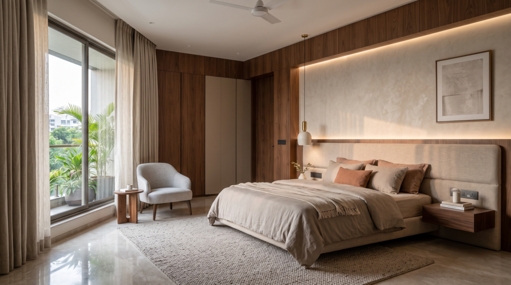 Luxury master bedroom interior in Ahmedabad residence