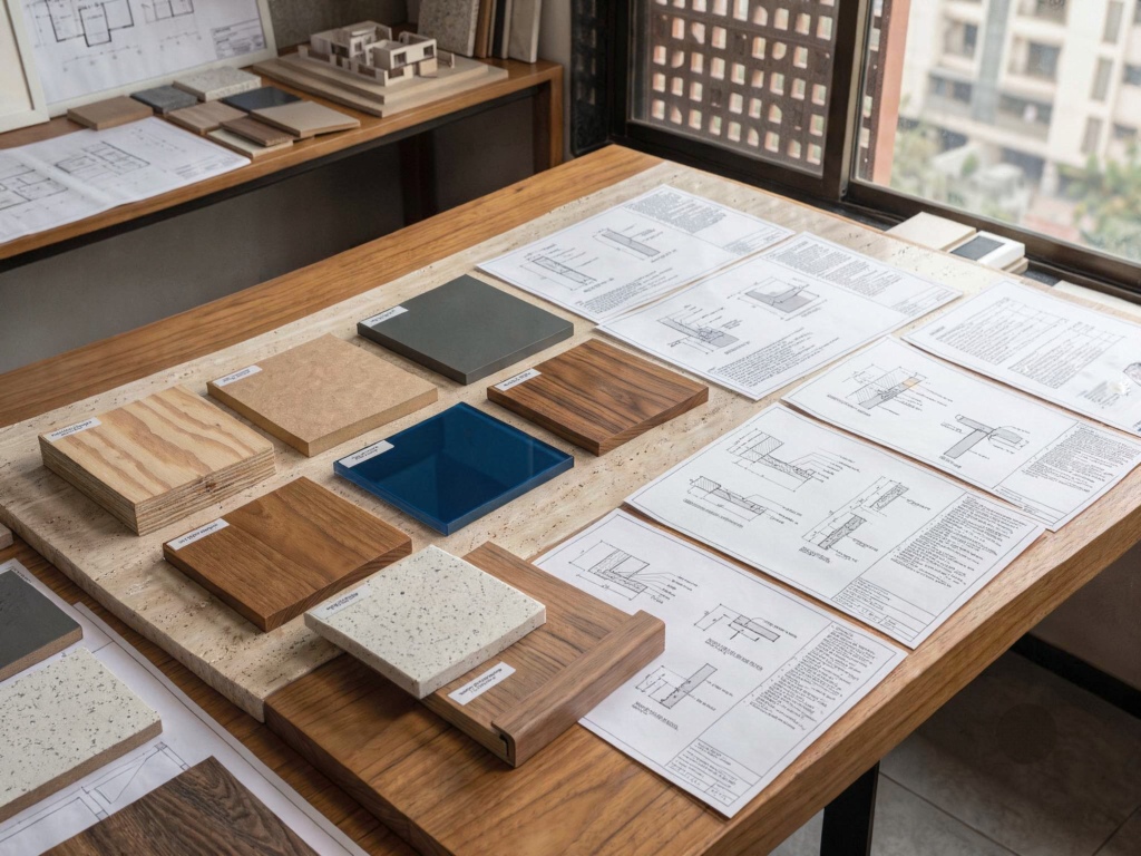Interior design material samples and specifications for an Ahmedabad home project