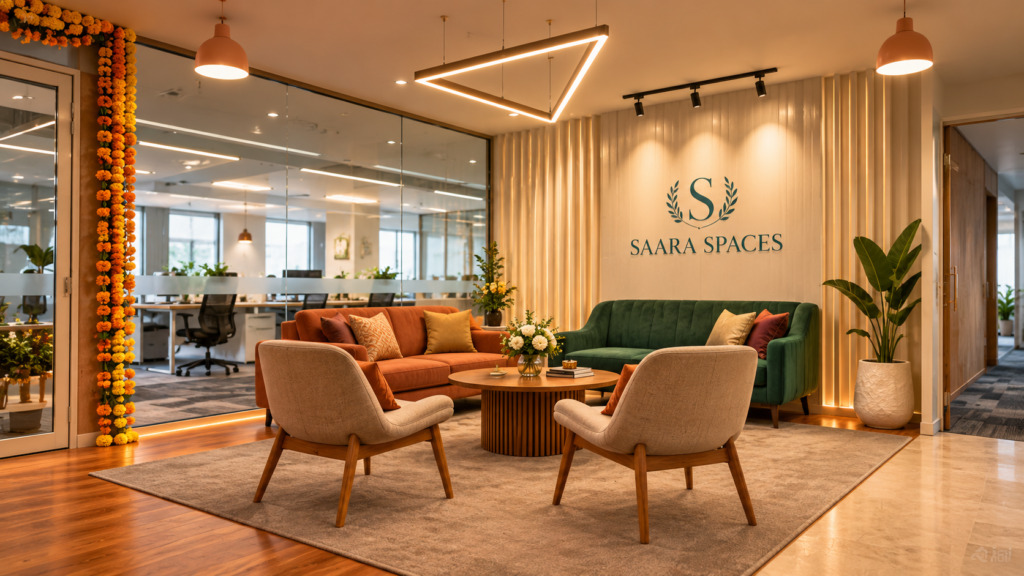 Elegant Diwali decoration for a modern office breakout lounge