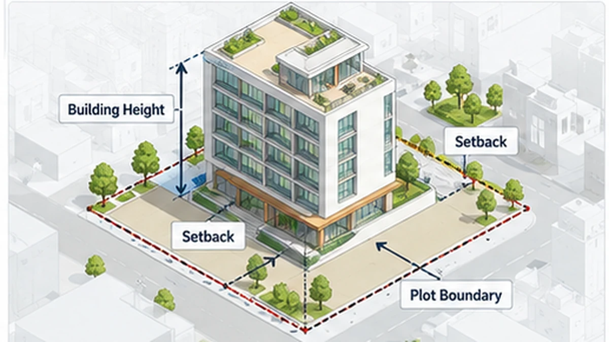 Conceptual illustration showing plot boundaries setbacks and building height in Gujarat