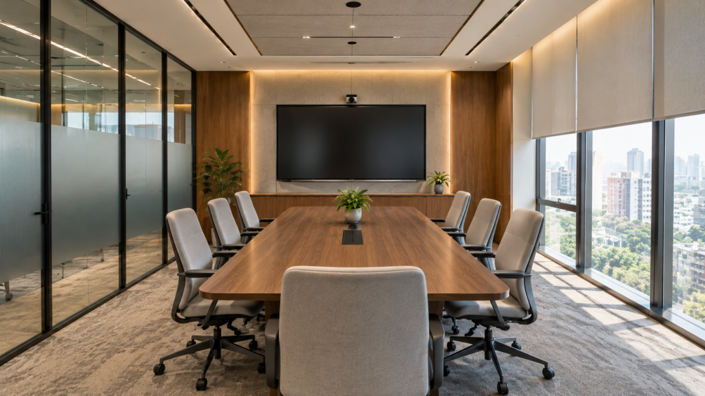 Hybrid meeting room design with display camera and integrated technology