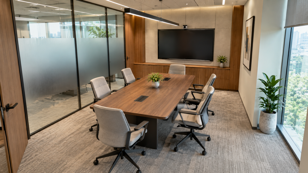 Modern office meeting room layout with comfortable seating and circulation