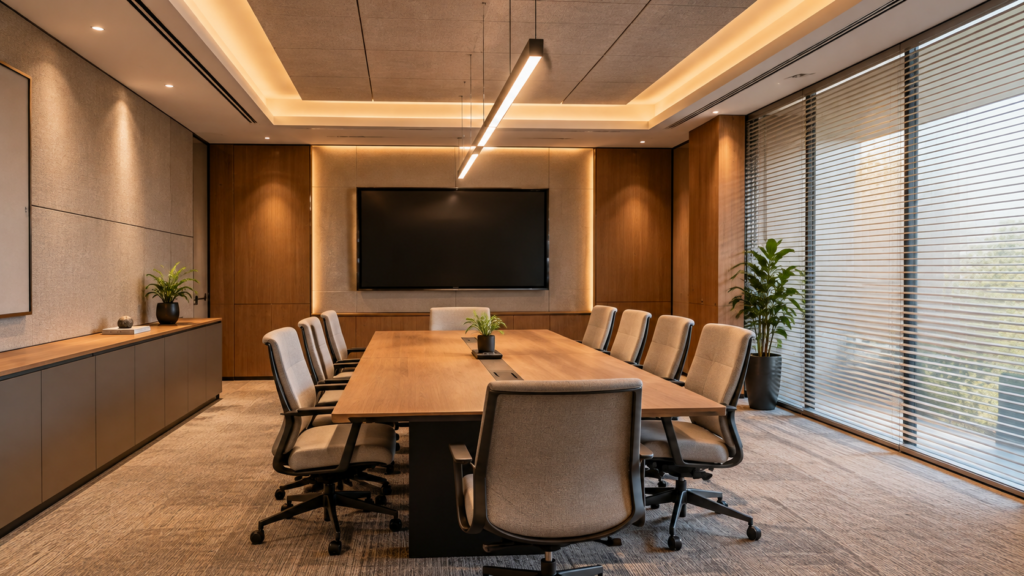 Balanced meeting room lighting with clear presentation screen visibility