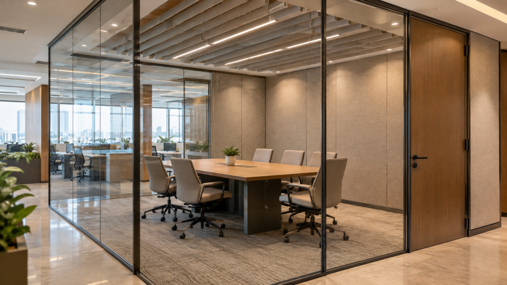 Glass office meeting room with acoustic wall and ceiling treatment