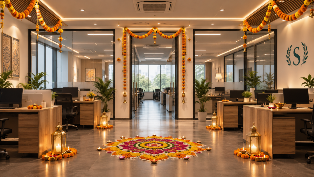 Warm LED lighting for contemporary Diwali office interiors